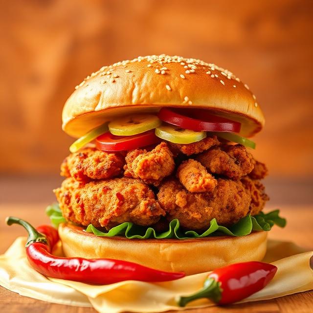 Spicy double crunch chicken burger with chillies