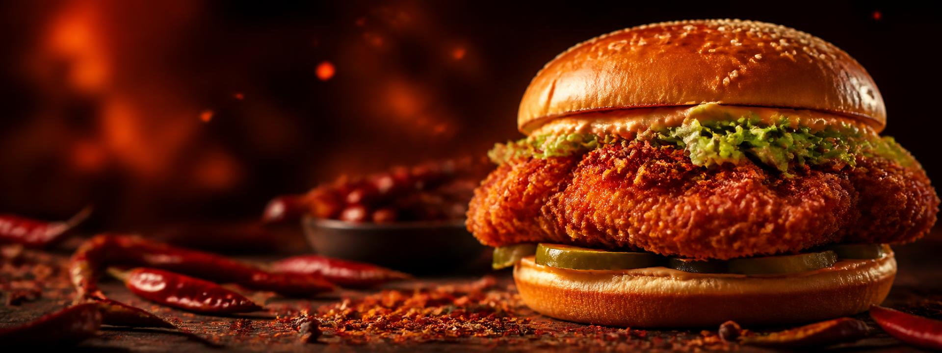 Spicy crispy chicken burger with chillies