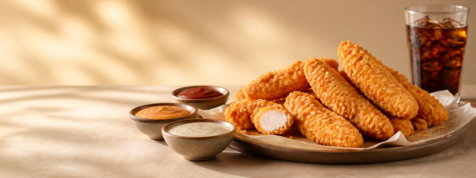 Golden chicken tenders with dips and cola